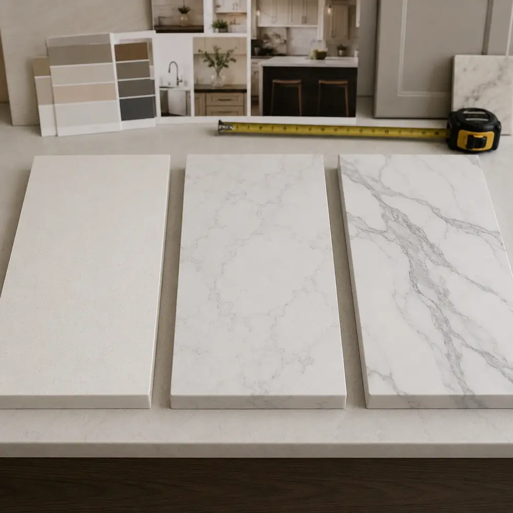 Three quartz countertop samples showing simple, mid-grade, and premium veining options