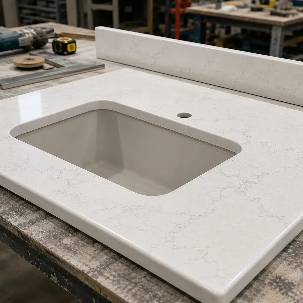 Quartz countertop slab with sink cutout and faucet hole in a fabrication workshop