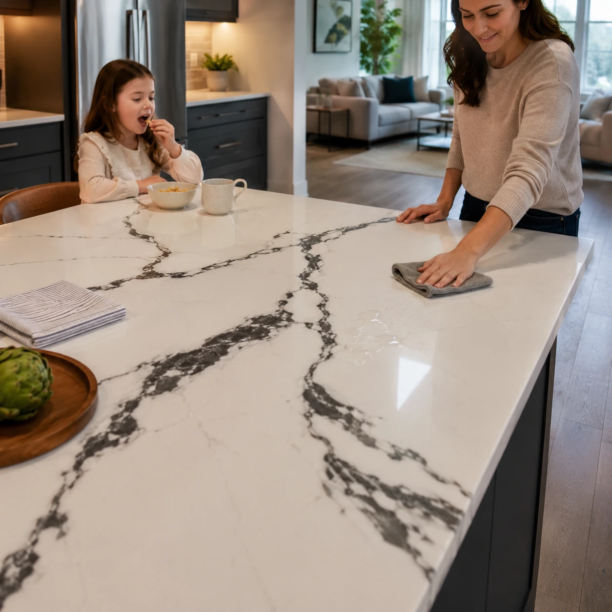Family-friendly kitchen with a veined quartz island countertop being wiped clean for easy maintenance