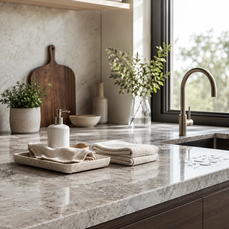 Clean stone countertop with soap dispenser, folded towels, and water droplets near the sink for daily care.