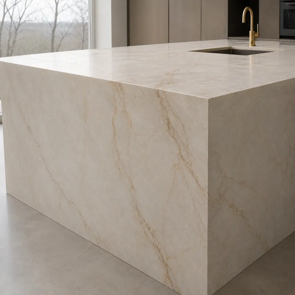 Taj Mahal quartzite waterfall island with soft cream tones and delicate gold veining in a modern kitchen