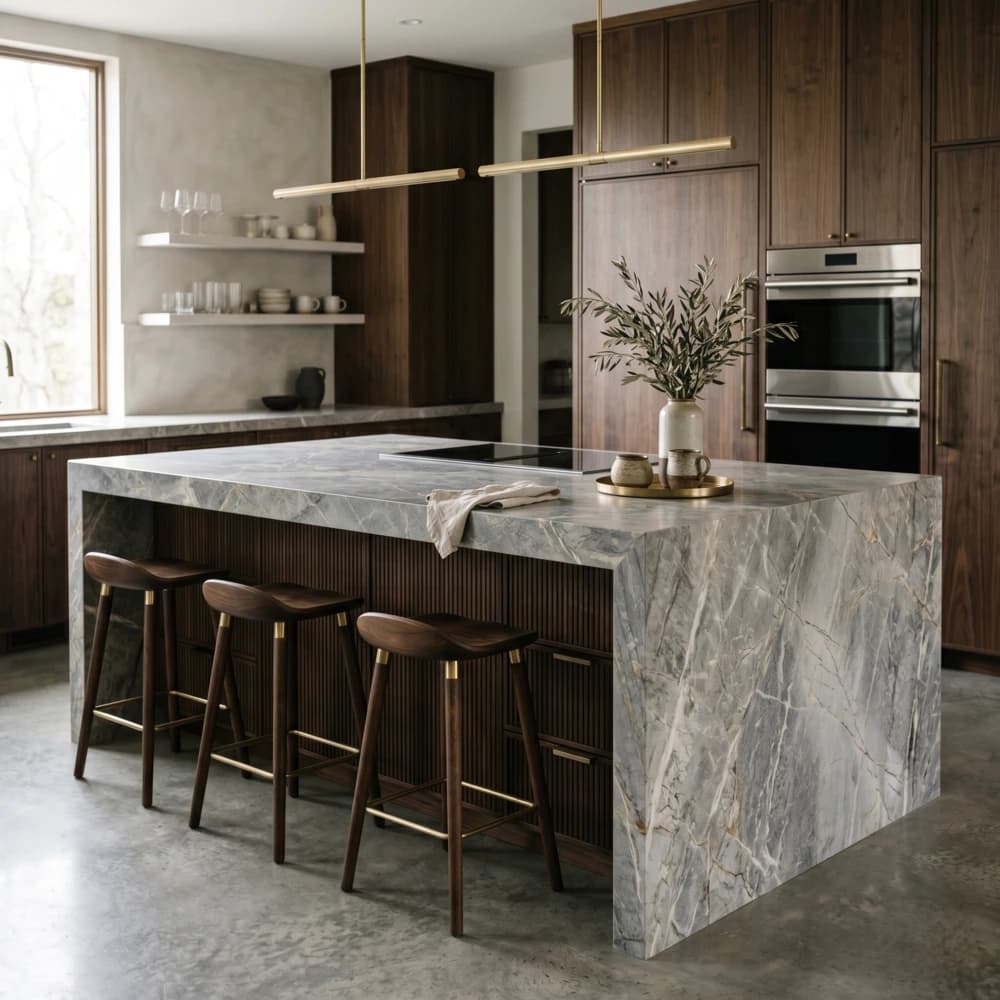 Thick-edge quartzite kitchen island with gray veining, wood cabinetry, and a modern luxury kitchen design
