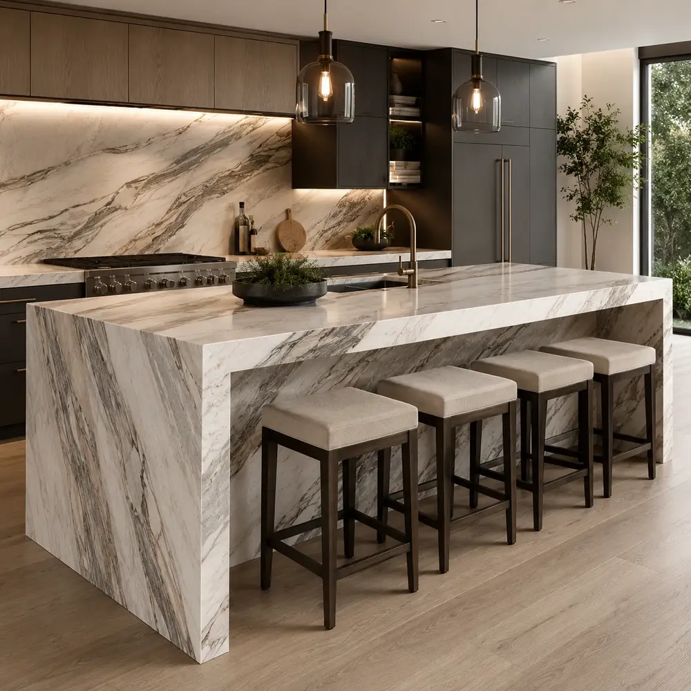 Modern kitchen with a waterfall edge marble countertop island and seamless stone sides
