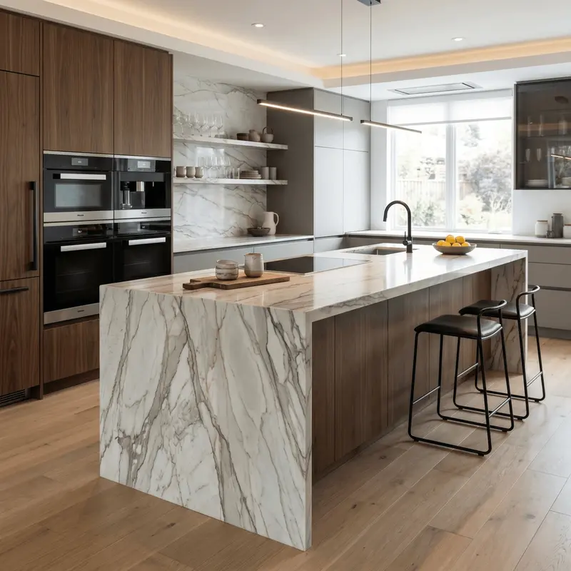 Modern kitchen island with a waterfall edge marble-look countertop and wood cabinetry in a bright luxury kitchen