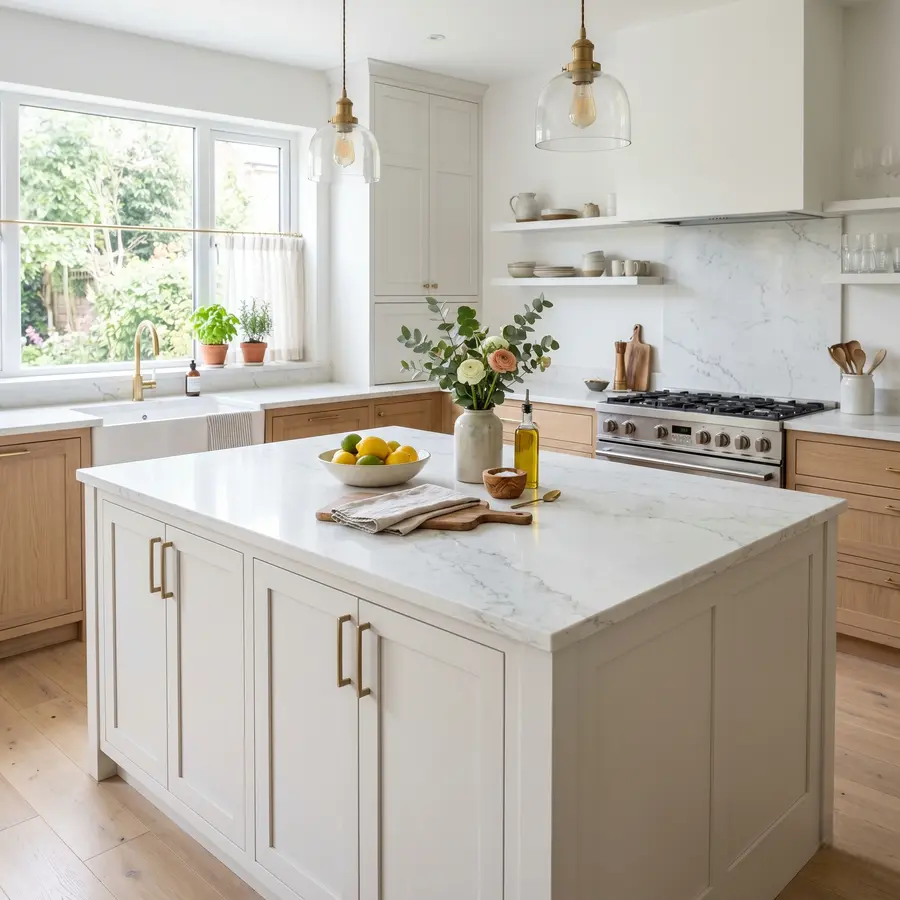 White marble-look kitchen island countertop with soft gray veining in a bright, timeless kitchen design