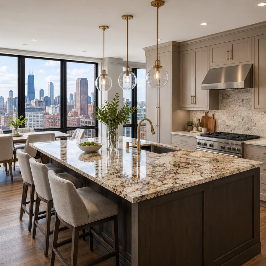 Modern Chicago kitchen with a granite island countertop and city skyline view