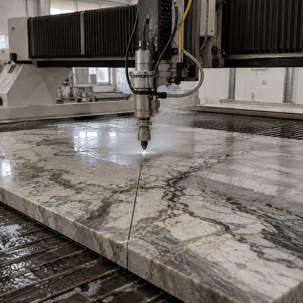 CNC waterjet cutting a veined marble slab in workshop