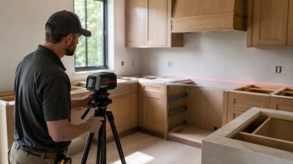 Technician using a laser templating device to measure kitchen cabinets before countertop installation in a Chicago home