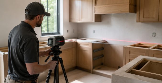 Technician using a laser templating device to measure kitchen cabinets before countertop installation in a Chicago home