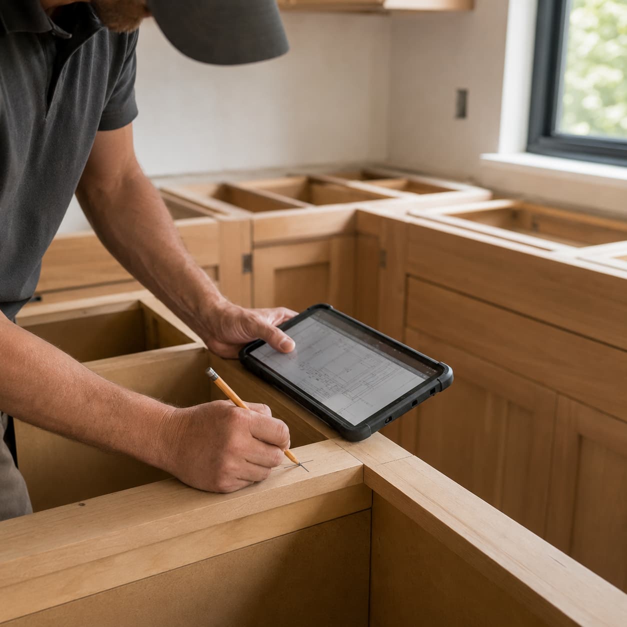 Stone fabricator marking seam placement on kitchen cabinets