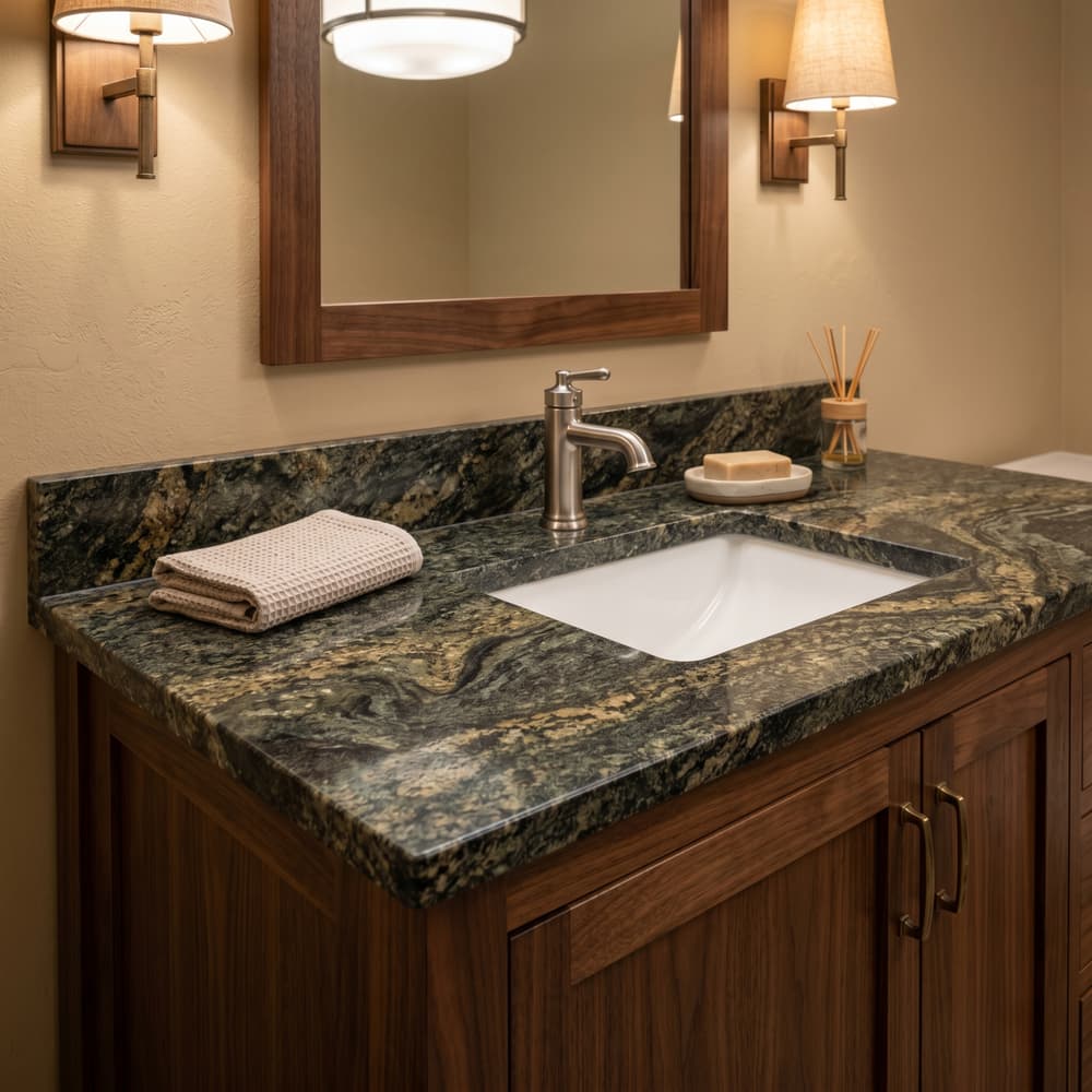 Dark speckled granite vanity top on a wood cabinet with a white sink in a warm bathroom setting.