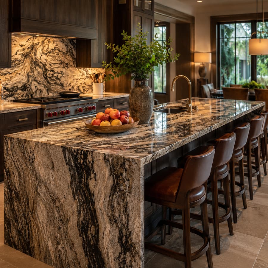 Elegant kitchen with a dramatic granite island countertop