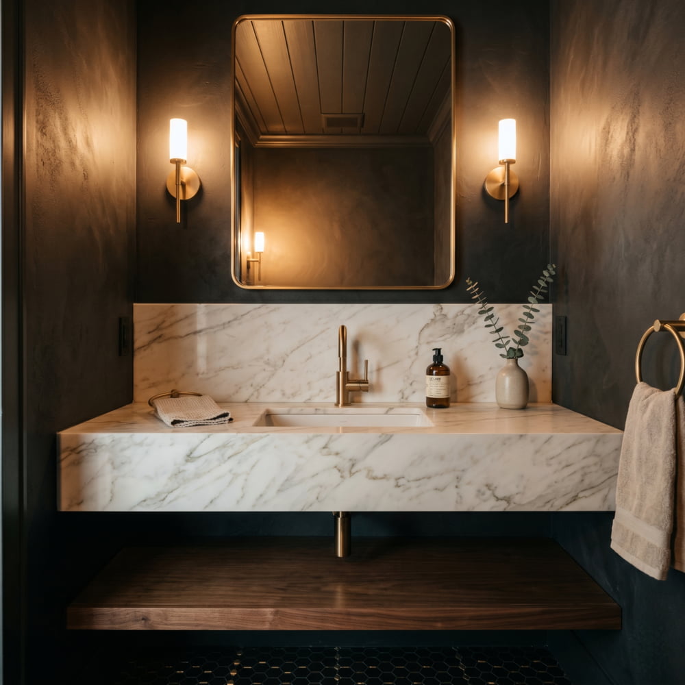 Moody powder room featuring a white marble vanity, matching backsplash, brushed gold faucet, and warm lighting.
