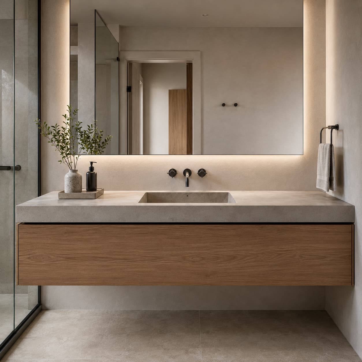 Modern spa bathroom with a floating wood vanity, thin porcelain countertop, integrated rectangular sink, wall-mounted faucet, and minimalist stone-look surfaces.