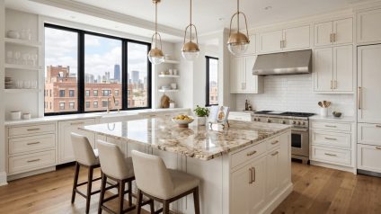 Bright Chicago kitchen with white cabinets and a granite island countertop