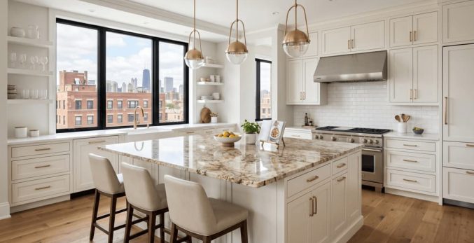 Bright Chicago kitchen with white cabinets and a granite island countertop