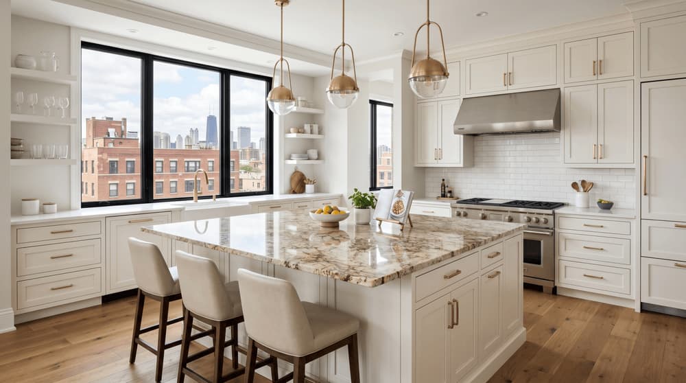 How Much Do Granite Countertops Cost? 2026 Chicago Guide Bright Chicago kitchen with white cabinets and a granite island countertop