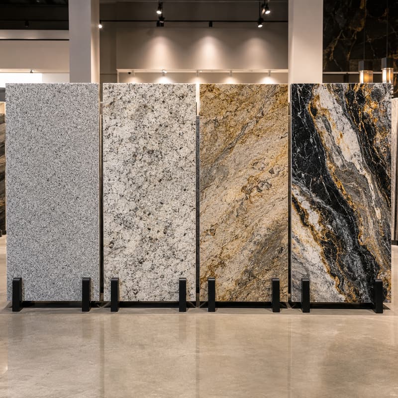 Granite slabs displayed by level in a stone showroom