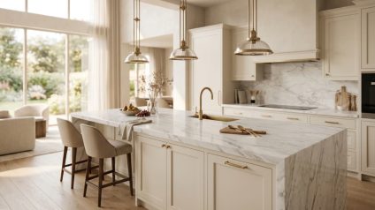 Elegant kitchen with a white marble island, brass pendant lights, and beige bar stools in warm natural light.