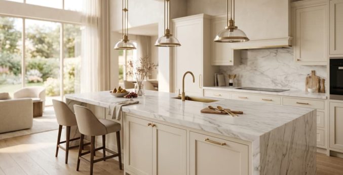 Elegant kitchen with a white marble island, brass pendant lights, and beige bar stools in warm natural light.