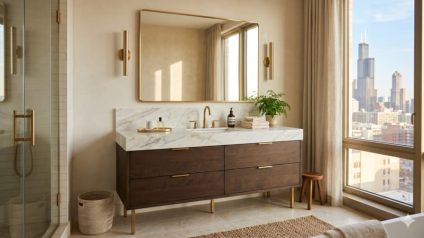 A modern luxury bathroom illuminated by warm natural daylight