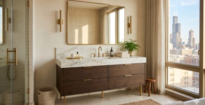 A modern luxury bathroom illuminated by warm natural daylight
