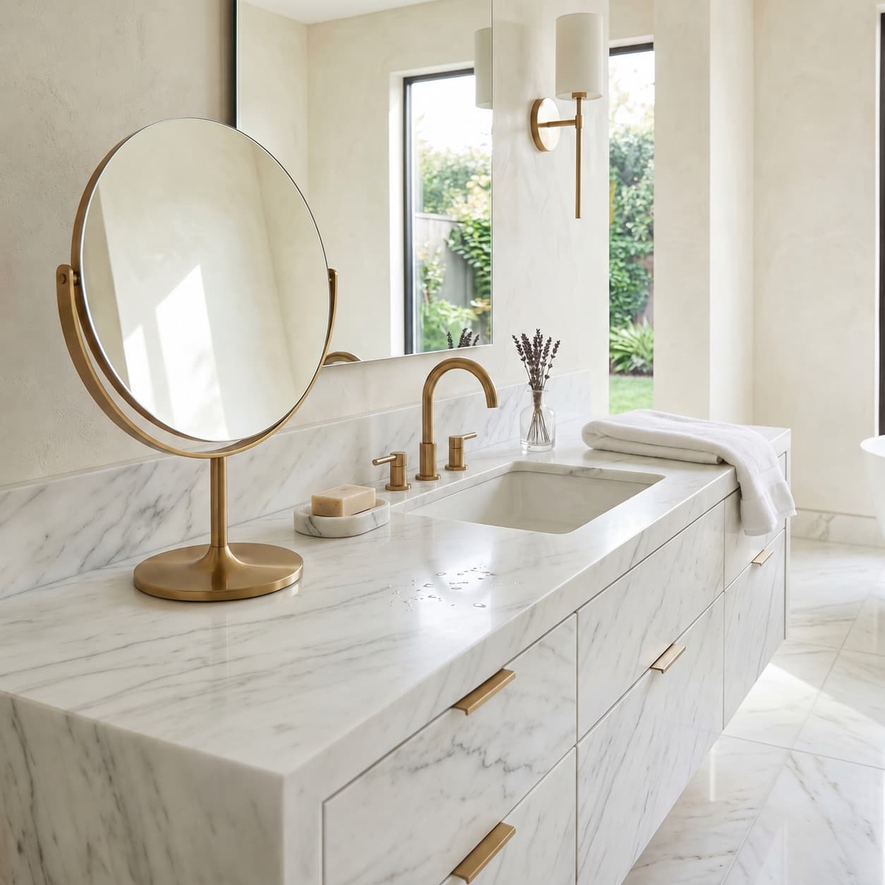 Luxury white marble bathroom vanity with brushed brass fixtures and a freestanding mirror in a bright spa setting.