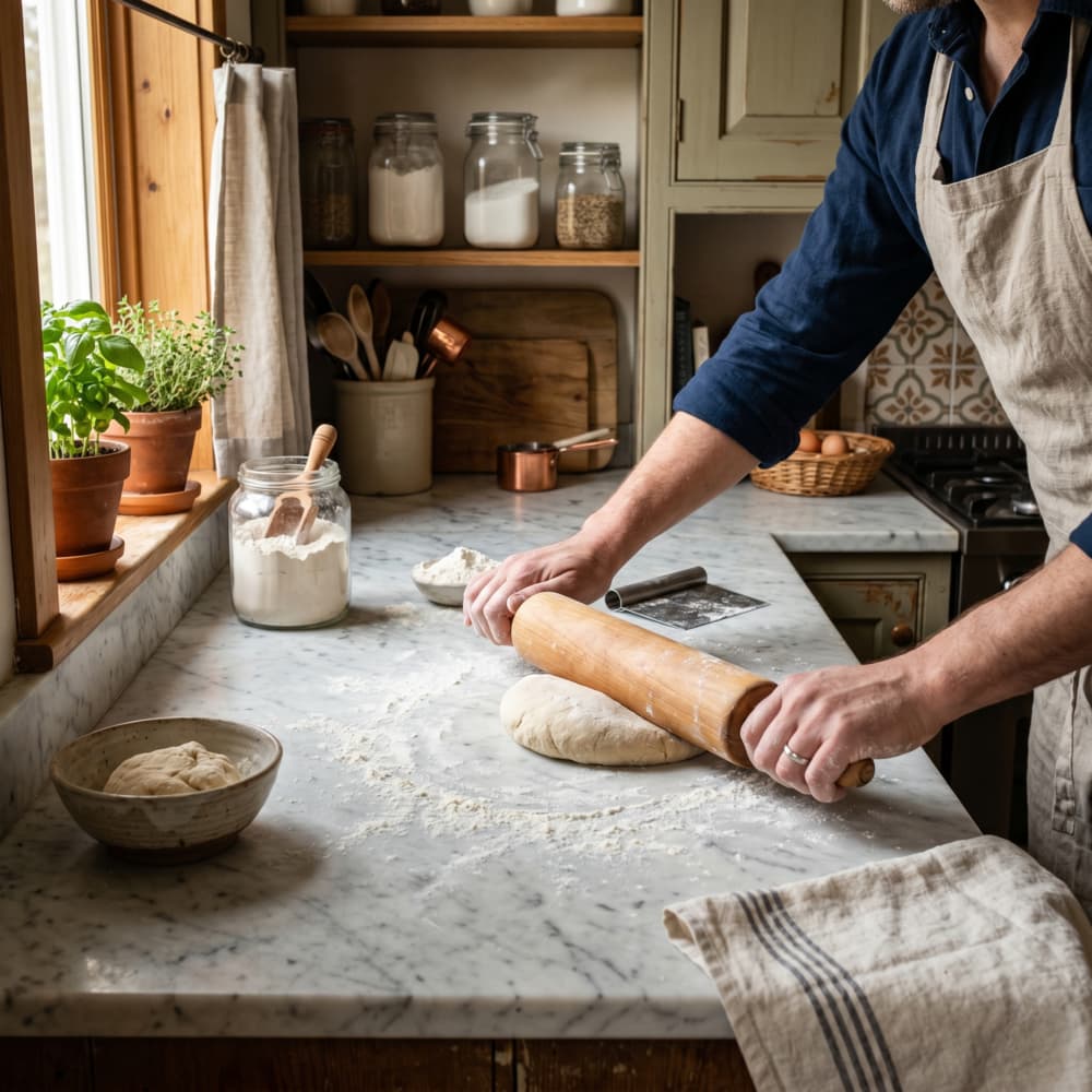 Person rolling dough with a wooden pin on a flour-dusted marble kitchen countertop in warm daylight.