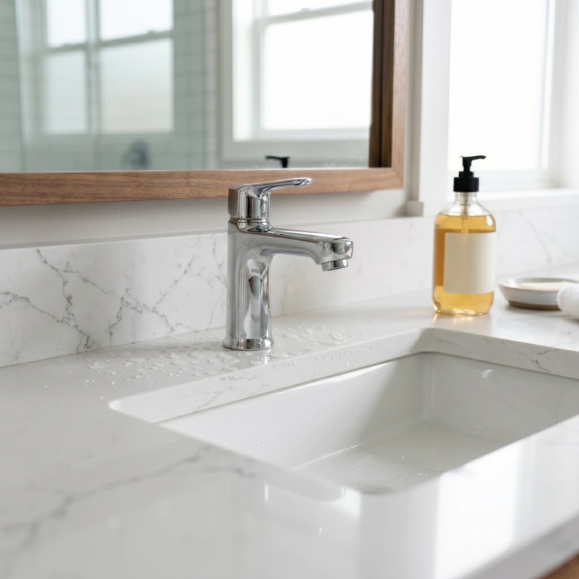 A modern chrome faucet on a white quartz countertop in a bathroom, with a soap dispenser.