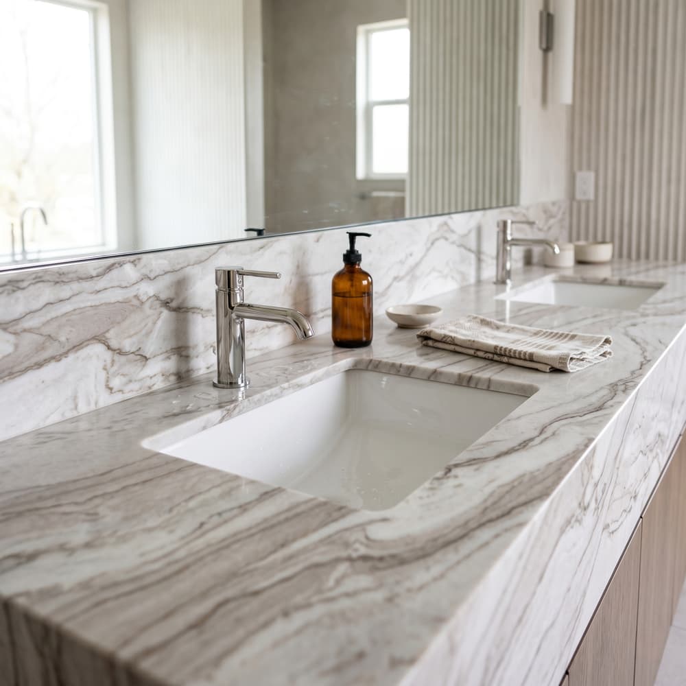 Dramatic quartzite bathroom vanity with bold taupe veining, white sink, and chrome faucet.