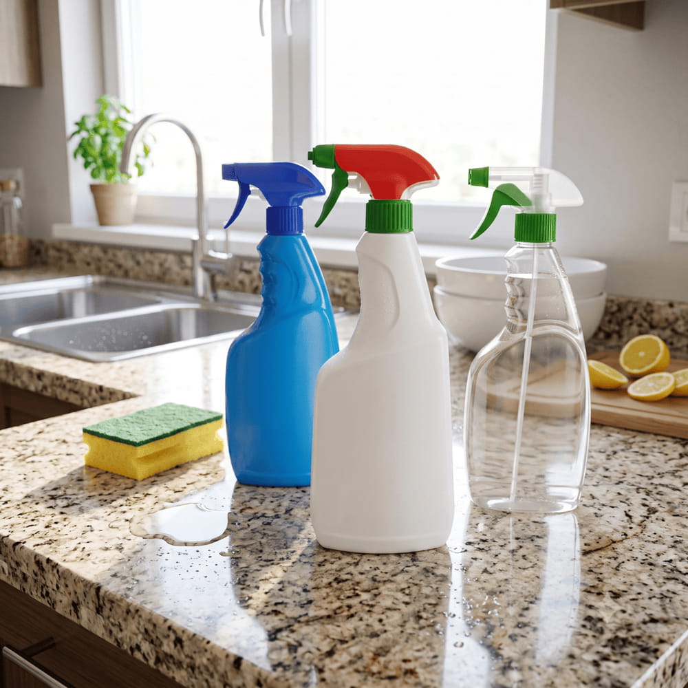 Cleaning spray bottles and a sponge on a stone countertop