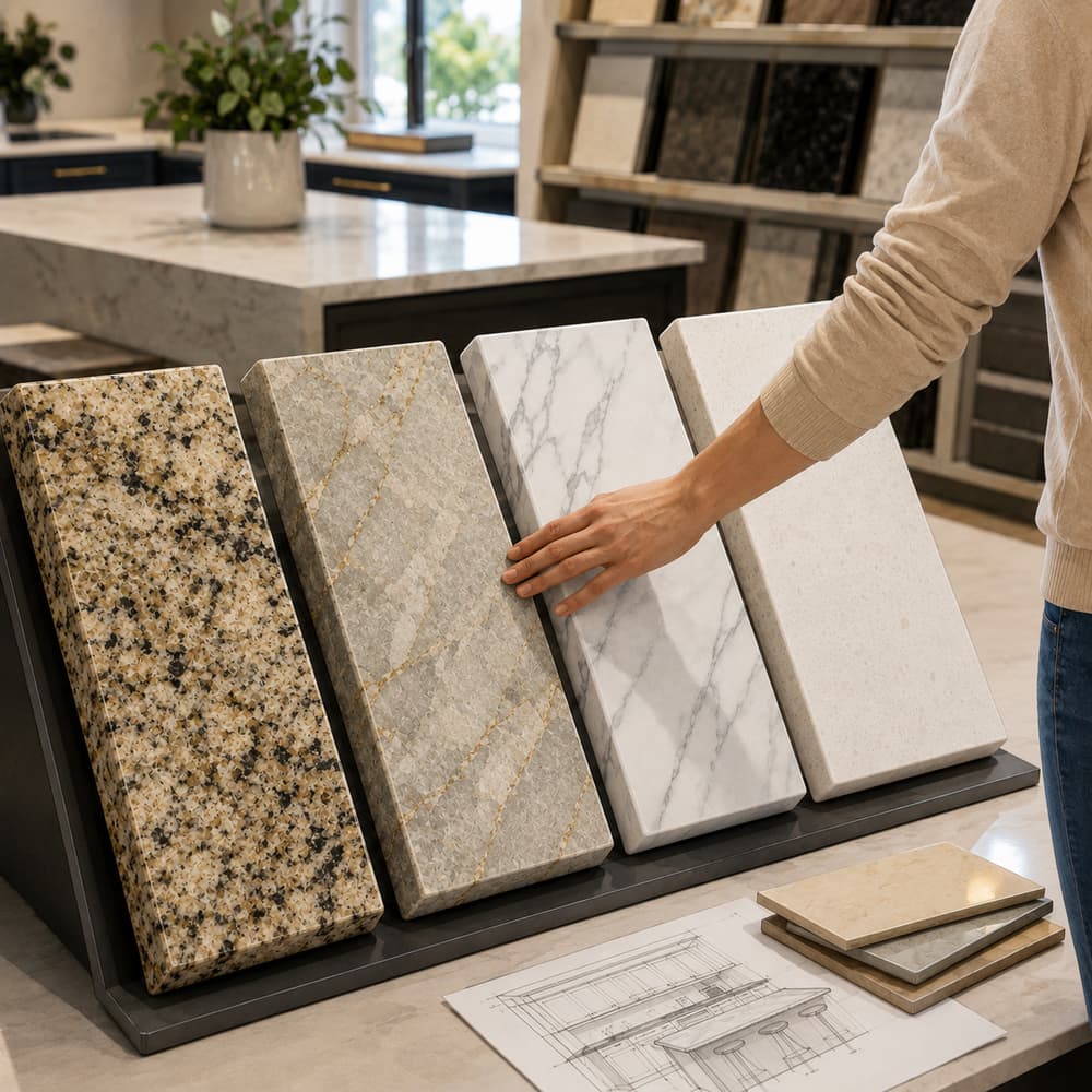 Person comparing different stone countertop samples in a warm kitchen showroom, including granite, quartzite, marble, and quartz options.