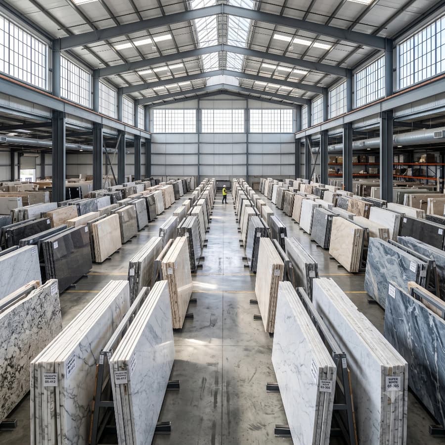 Full stone slabs on display in a countertop showroom