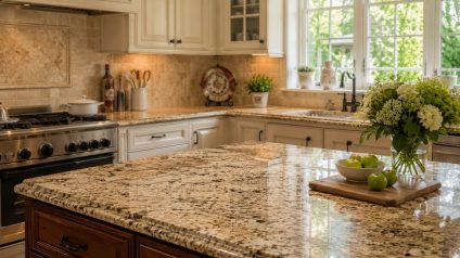 A classic granite kitchen countertop in a well-kept traditional kitchen