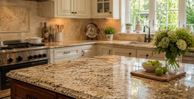 A classic granite kitchen countertop in a well-kept traditional kitchen