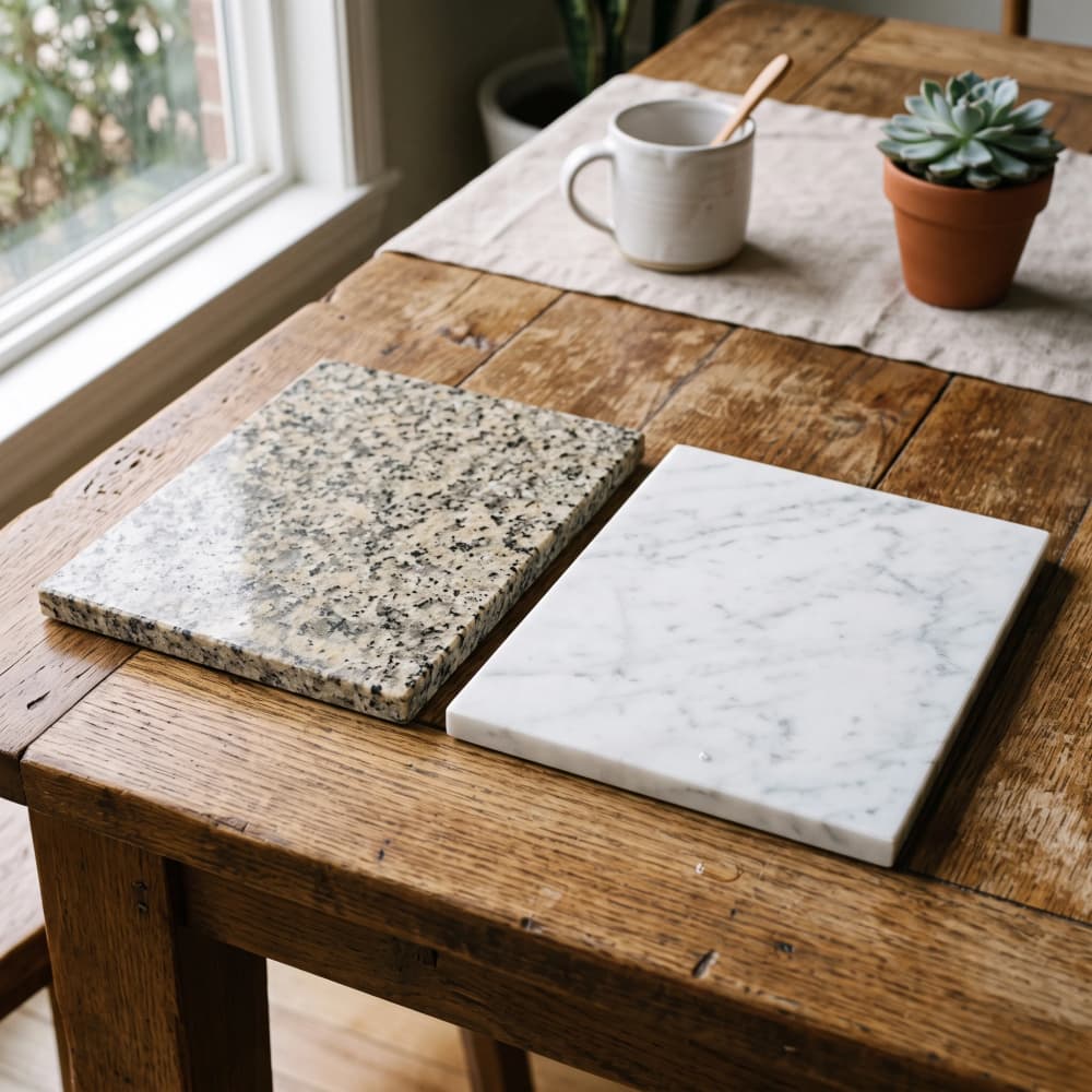 Granite and veined stone countertop samples side by side
