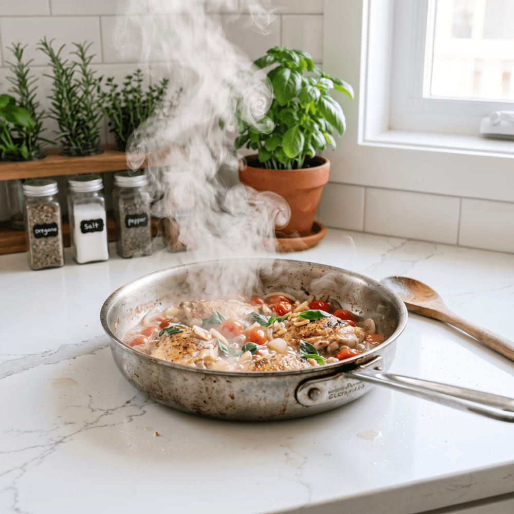 A hot pan placed directly on a quartz countertop without a trivet