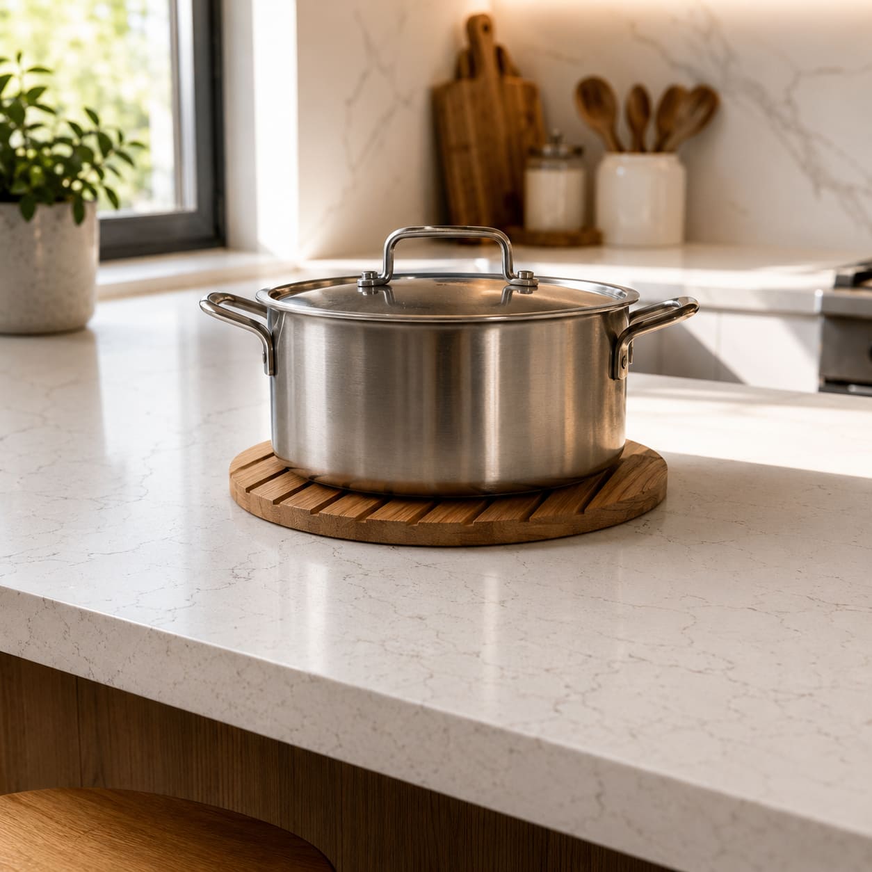 A stainless steel pot resting on a wooden trivet on a quartz countertop