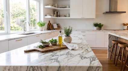 Veined stone countertop island in a bright modern kitchen