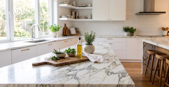 Veined stone countertop island in a bright modern kitchen