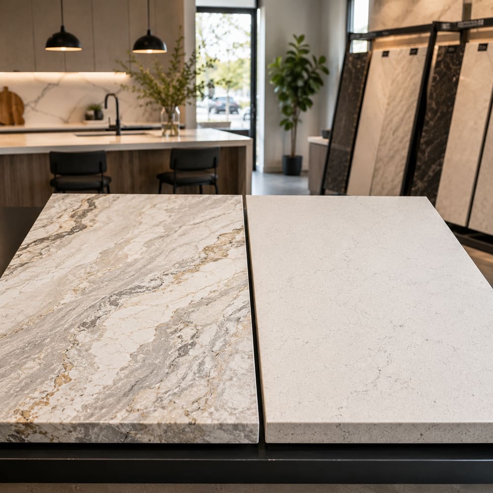 Quartzite and quartz countertop samples compared side by side in a showroom