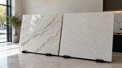 A veined quartzite slab next to a uniform quartz slab