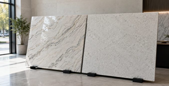 A veined quartzite slab next to a uniform quartz slab