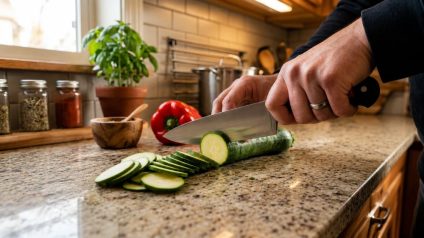 Person slicing zucchini with a chef’s knife on a granite kitchen countertop