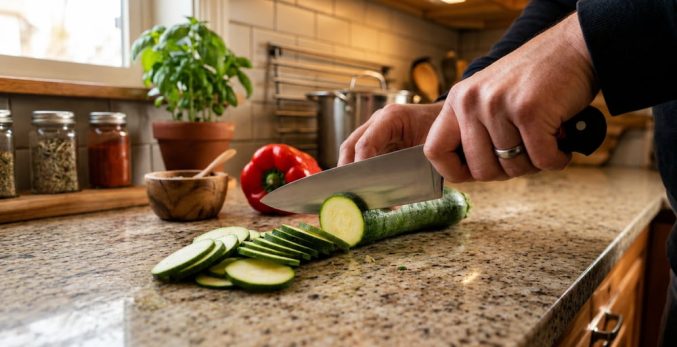Person slicing zucchini with a chef’s knife on a granite kitchen countertop