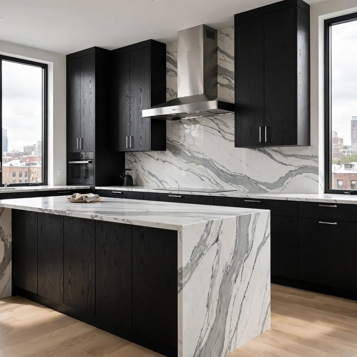 Black kitchen cabinets with a white countertop with bold gray veining, a waterfall island edge, and a matching full height backsplash