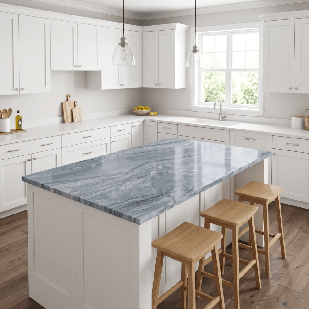 Blue-gray natural stone island countertop with white cabinets and neutral perimeter counters