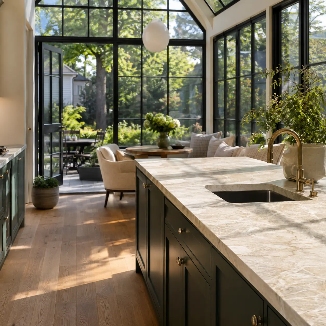 Sunlit Chicago sunroom kitchen with dark green cabinetry and a natural quartzite countertop