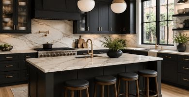 Dark charcoal kitchen cabinets with a light veined stone countertop and matching backsplash