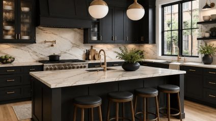 Dark charcoal kitchen cabinets with a light veined stone countertop and matching backsplash